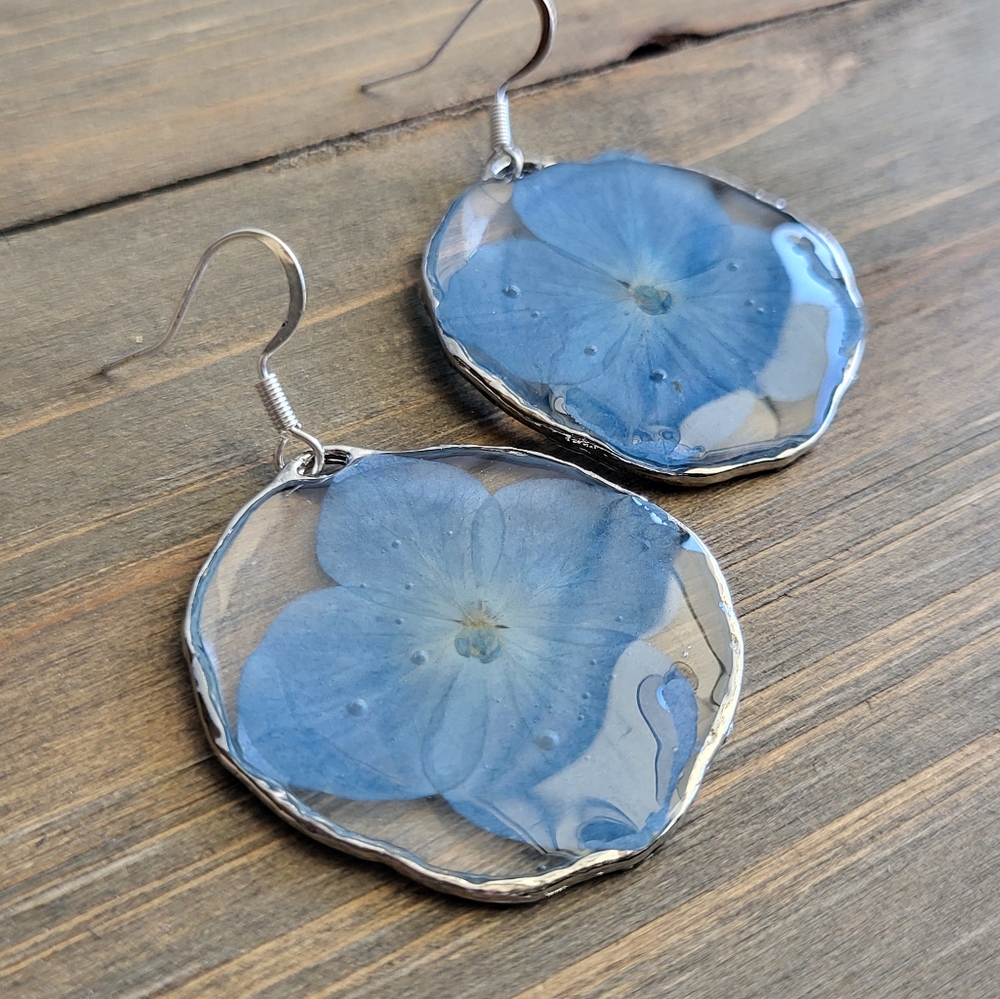 Blue Hydrangea Flower Earrings- Handmade Earrings- Blue Flower Earrings- Flower - Picture 5 of 7